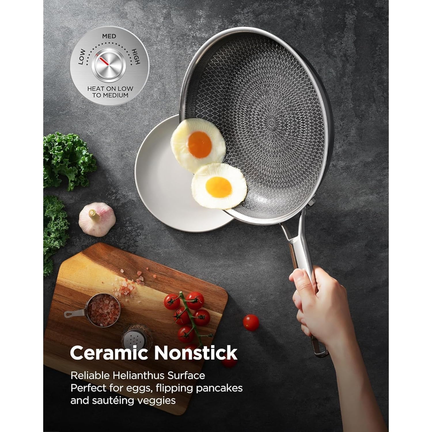 Frying Pans Non Stick, Hybrid Ceramic With Lid, 12 Inch Tri-Ply Stainless Steel Skillet, Non-Toxic, PFAS/PFOA/PTFE Free, Metal Utensil Safe, Dishwasher & Oven Safe