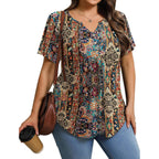 IN'VOLAND Womens Plus Size Tunic Top Summer Short Sleeve T-Shirt V-neck Button Up Dressy Blouse Casual Pleated Pullover 1X-5X