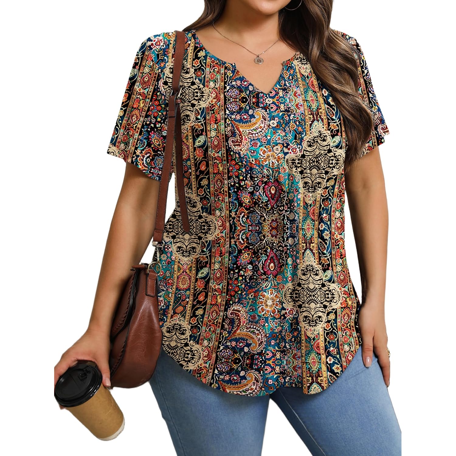 IN'VOLAND Womens Plus Size Tunic Top Summer Short Sleeve T-Shirt V-neck Button Up Dressy Blouse Casual Pleated Pullover 1X-5X