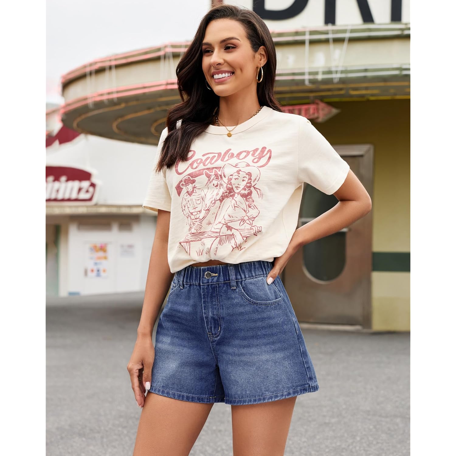 Jean Shorts for Women High Waisted Baggy Wide Leg Elastic Waist Mom Denim Shorts 4" Inseam Casual Summer Jorts