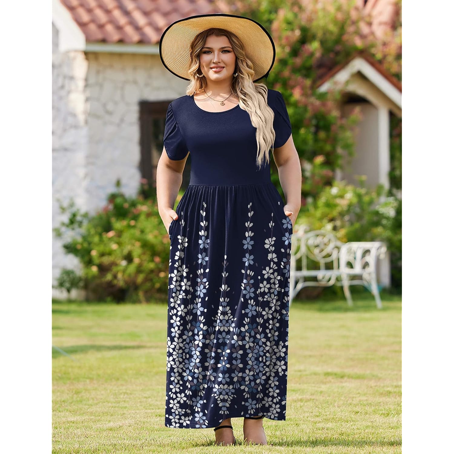 In'Voland Plus Size Maxi Dresses For Women Summer Petal Short Sleeve Dress Casual Loose Flowy Long Sundress With Pockets