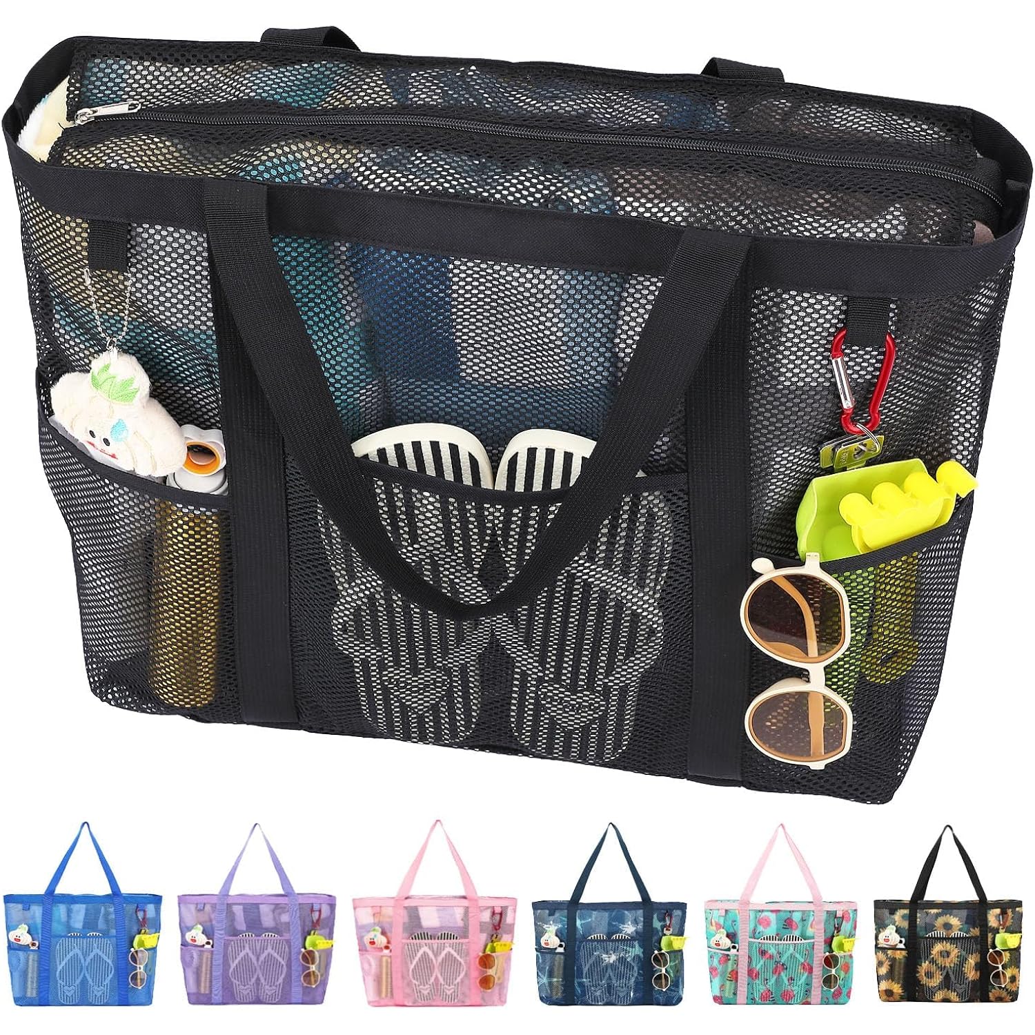 Fammart Mesh Beach Bag With Zipper For Women, Large Beach Tote Sandproof Toys Pool Swim Bag Travel Vacation Cruise Essentials