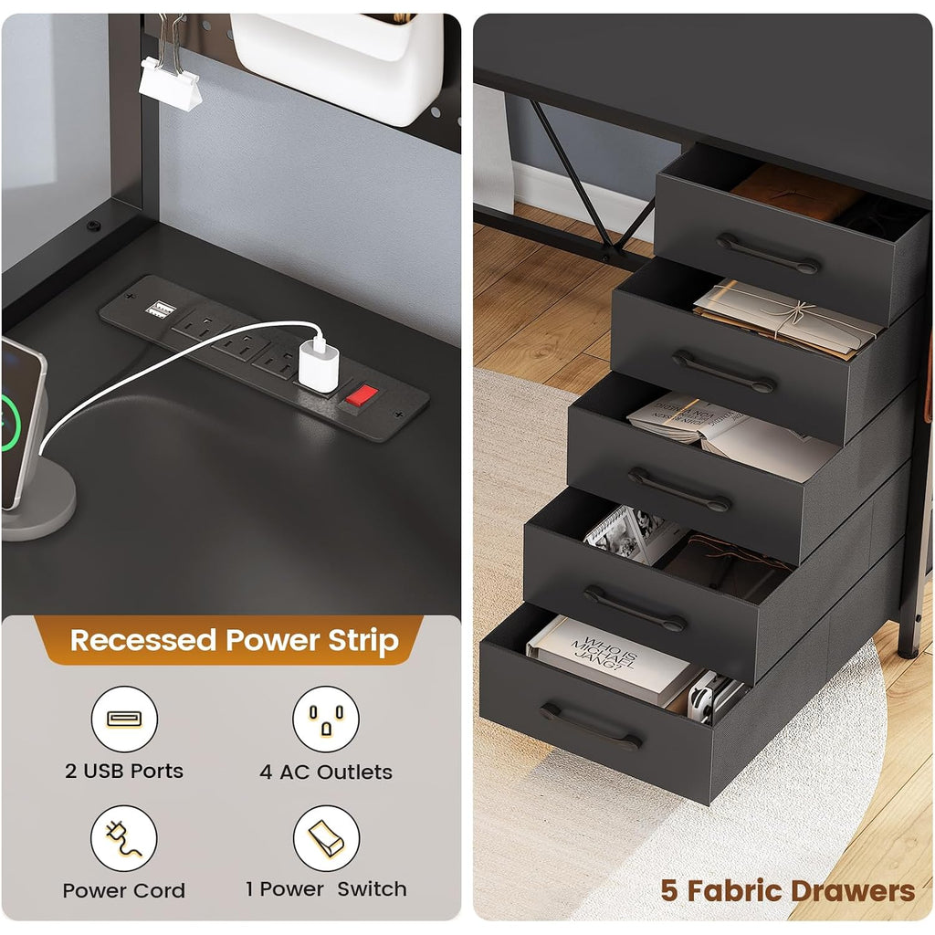 Sedeta L Shaped Gaming Desk With Drawers, L Shaped Computer Desk With Hutch And Storage Shelves, Gaming Desk With Pegboard, Led Lights, And Power Outlet, Home Office Desk, Corner Desk, Black