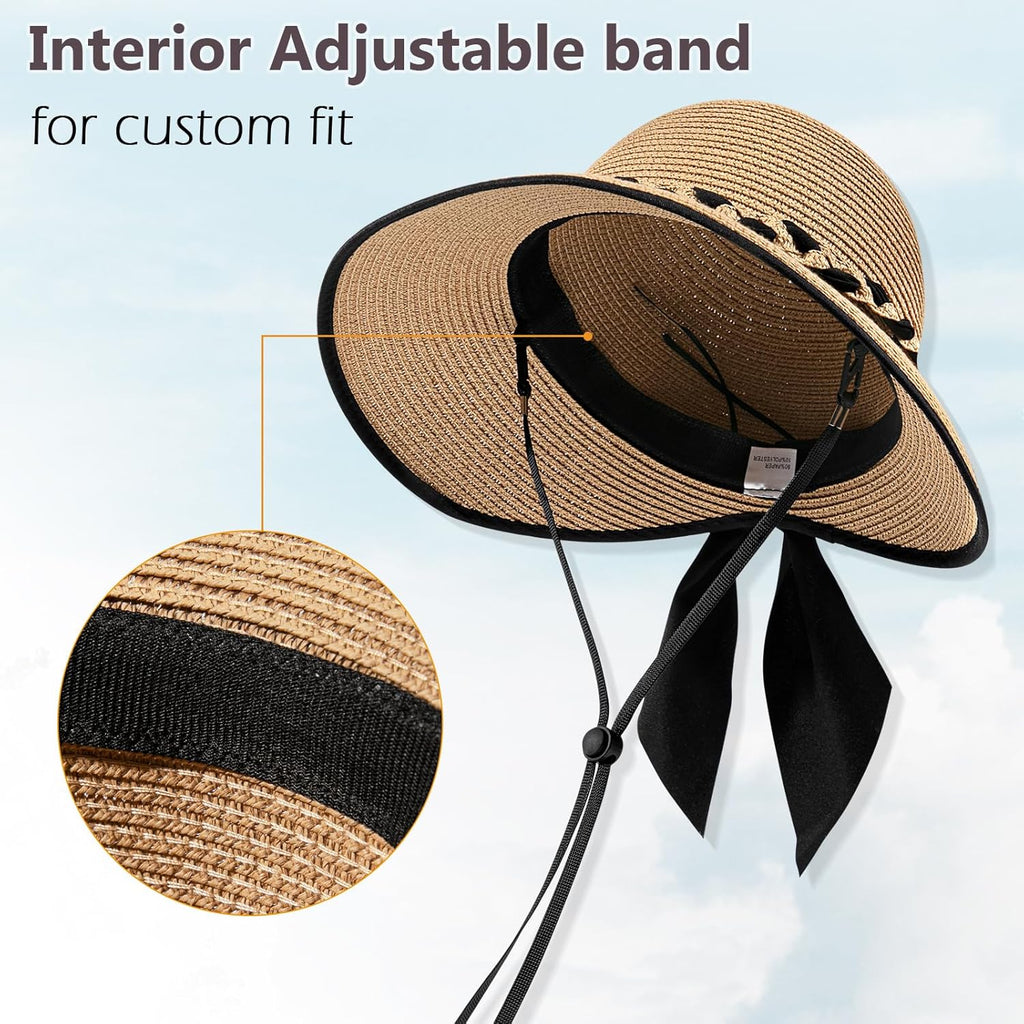 Beach Sun Straw Hats for Women, UPF 50+ UV Sun Protection Wide Brim Summer Straw Hat Foldable Packable Roll up Cap