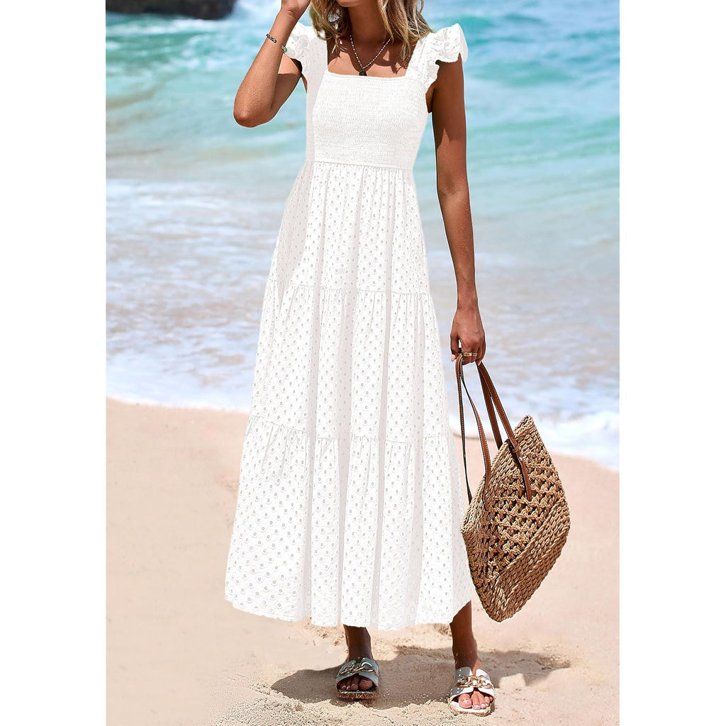 Prettygarden Womens Summer Square Neck Maxi Dresses Cap Sleeve Eyelet Smocked Tiered A Line Flowy Long Dress With Pockets