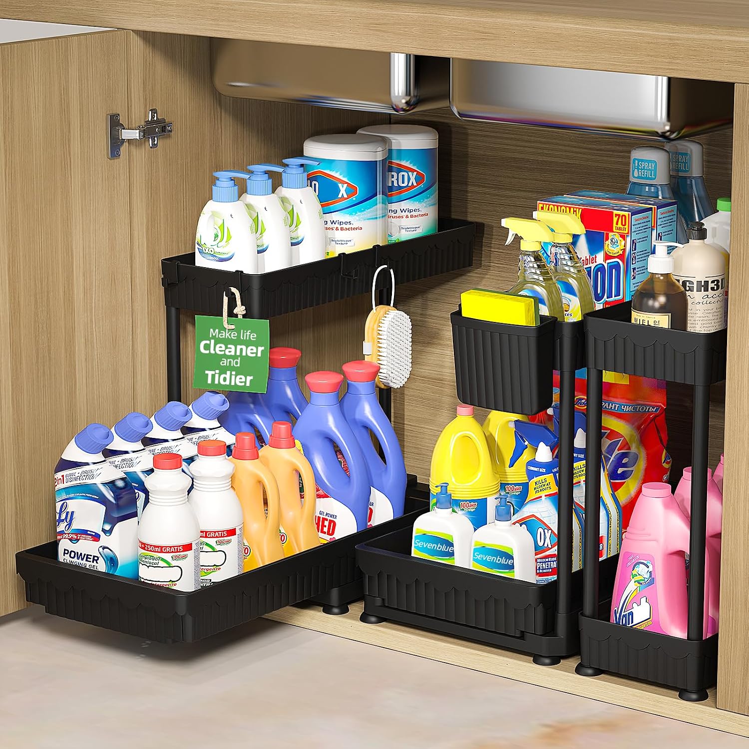 3 Pack Multi-Purpose Pull-Out Storage Organizers, 2-Tier L-Shaped Under Sink/Cabinet Organizers And Storage For Bathroom & Kitchen, (Black, 12.85 Inches)