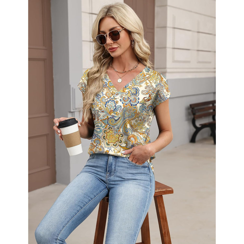 Lomon Women Silk Satin Tops Cap Short Sleeve Blouse V Neck Shirts Business Casual Outfits