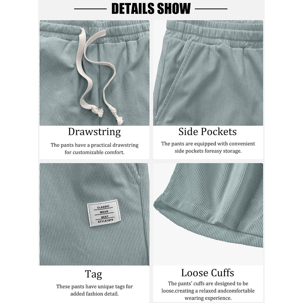 Plepan Mens Corduroy Shorts Casual Elastic Waist Drawstring Summer Beach Shorts