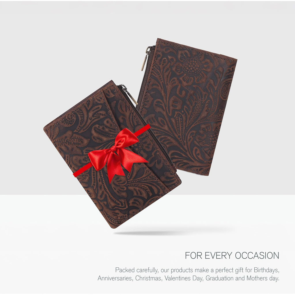 Oak Leathers Leather Wallet For Women - Small Rfid Coin Purse Credit Card & Id Holder For Ladies, Gift For Women'S, Bifold Wallets (Crazy Horse Brown Flower)