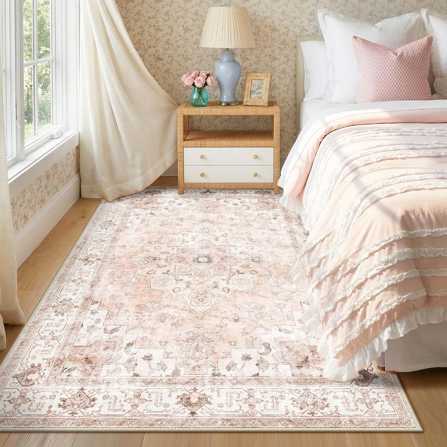 CAPALOCA Machine Washable Rugs Nursery Rug 5x7 Cute Girl Non Slip Low Pile Water Repellent Soft Print Pattern for Bedroom Indoor Decor Kids Playroom Pink