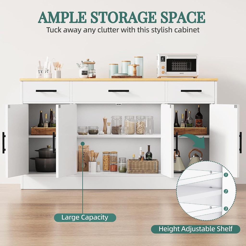 Shintenchi Buffet Cabinet With Storage,53.4" Large Kitchen Storage Cabinet With 3 Drawers And 4 Doors,Wood Farmhouse Buffet Sideboard With Adjustable Shelf For Kitchen Living Room, White