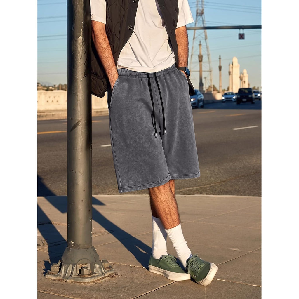 Jmierr Men'S Baggy Vintage Acid Wash Cotton Streetwear Relaxed Sweat Shorts | Loose Fit, Drawstring Elastic Waist, Deep Side Back Pockets, Casual Wear, Retro Loungewear, Y2K Fashion, Summer Outfits