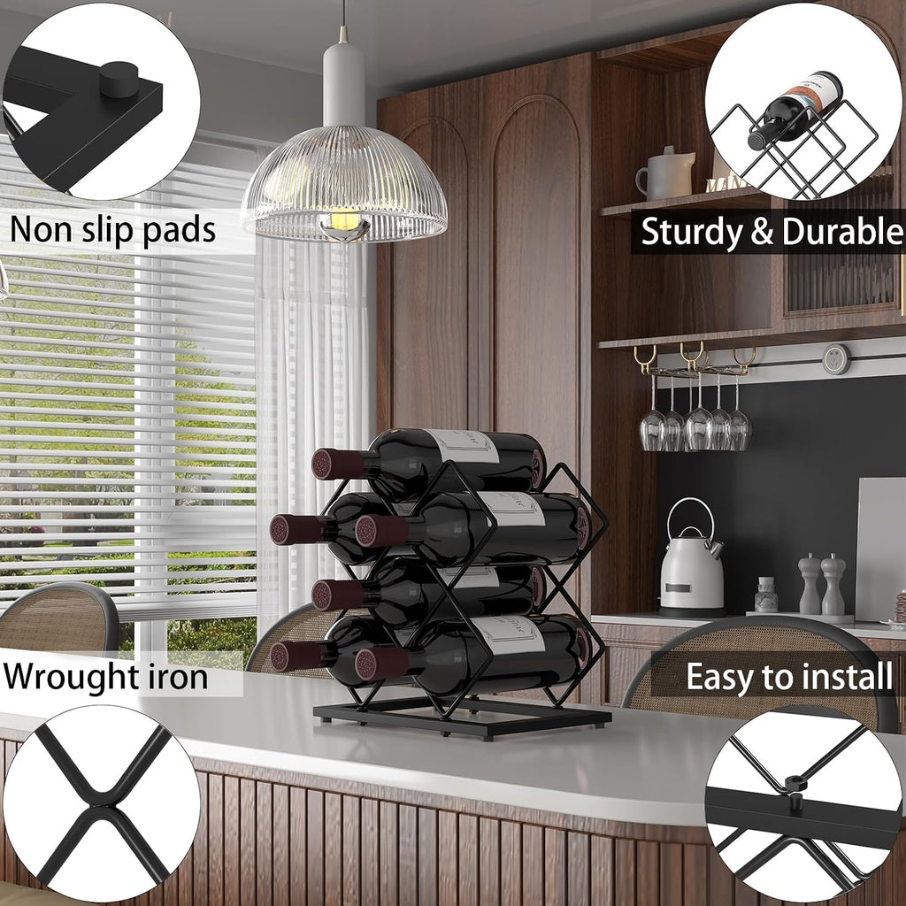 Countertop Wine Rack, 6 Bottles Wine Storage Capacity, Modern Corner Metal Wine Bottle Holder For Bar, Cabinet, Pantry, Tabletop Wine Racks For Cup And Water Bottle – Black