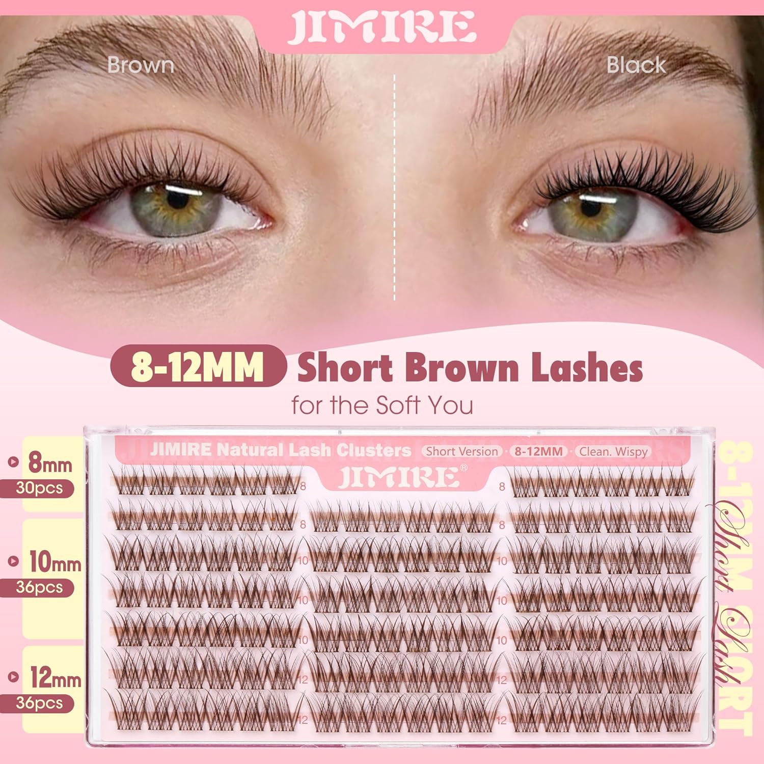 Brown Lash Clusters 8-12MM Short Lashes Clusters Wispy Individual Lashes with Clear Band C-Curly Cluster Eyelash Extensions 120Pcs DIY Lash Extensions at Home by JIMIRE