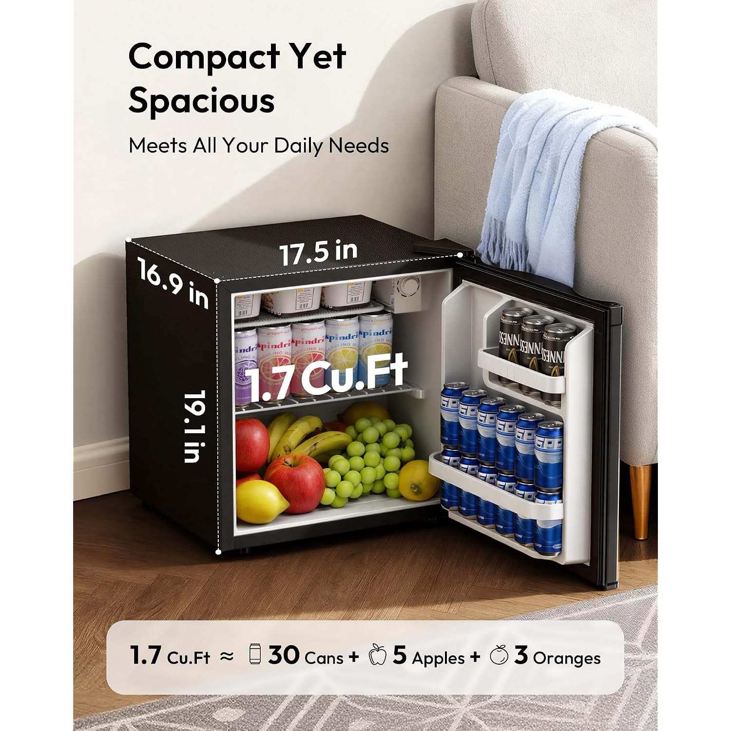 Euhomy 1.7 Cu.Ft Mini Fridge, Reversible Single Door Compact Refrigerator, Adjustable Thermostat, Energy Saving, Mini Fridge For Bedroom, Office, Dorm, Black