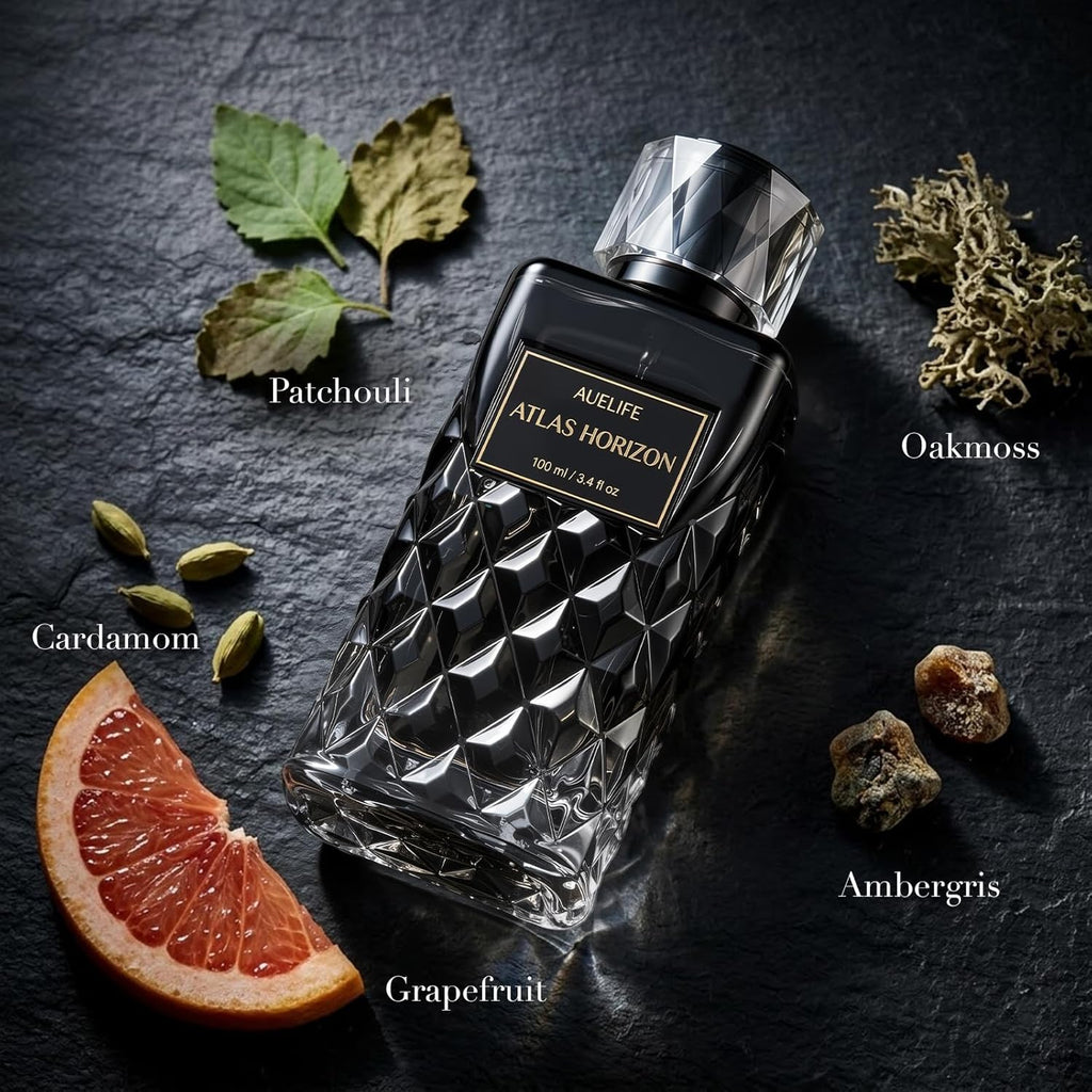 Auelife Cologne for Men, Alcohol-Free Long Lasting Perfume Fragrance, Woody Spicy Scent with Citrus, Pepper, Patchouli & Amber, 100ml / 3.4 Fl Oz, Daily Wear, Father’s Day Gift (ATLAS HORIZON)