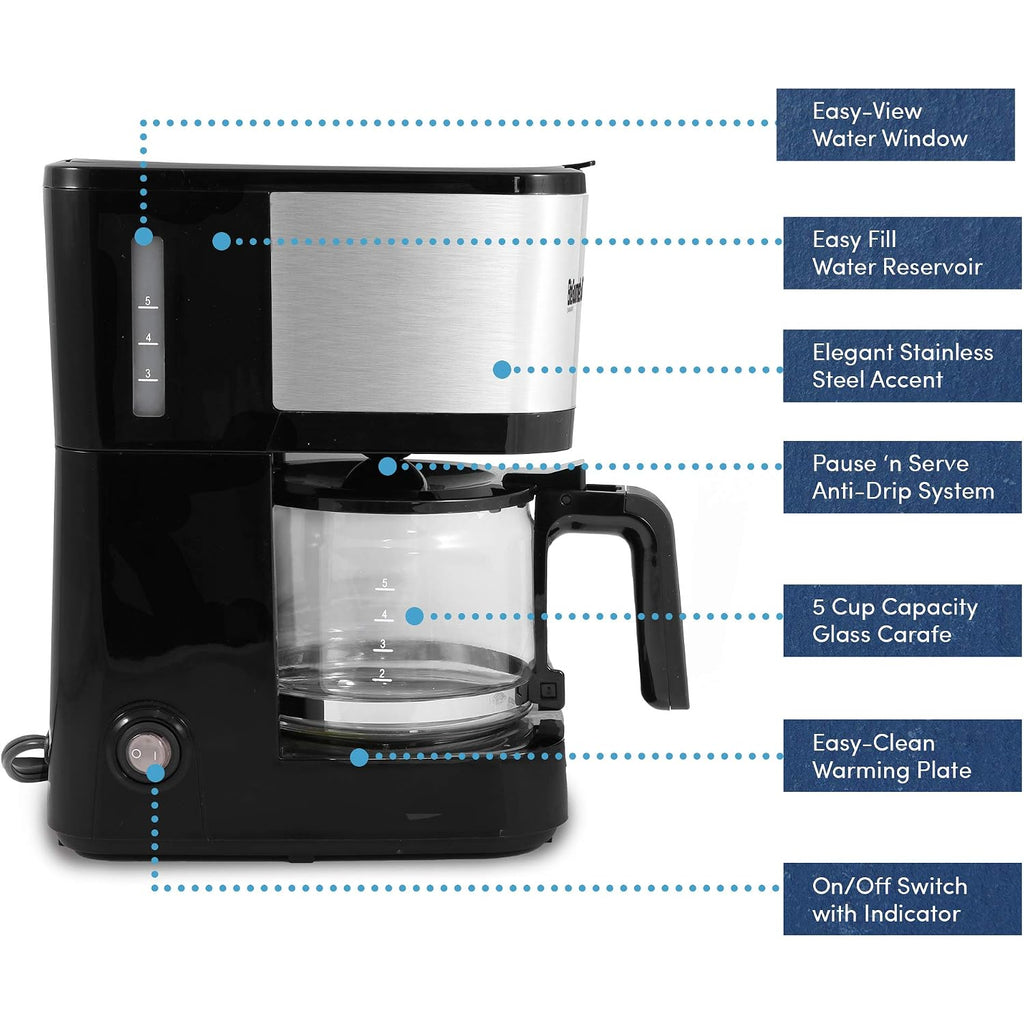 Elite Gourmet Ehc9420 Automatic 5-Cup Brew & Drip Coffee Maker With Pause N Serve Reusable Filter, On/Off Switch, Water Level Indicator