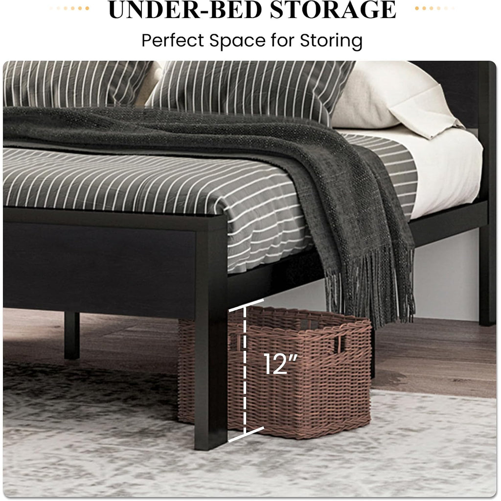 Sha Cerlin 14 Inch Queen Size Metal Platform Bed Frame With Wooden Headboard And Footboard, Mattress Foundation, No Box Spring Needed, Large Under Bed Storage, Non-Slip Without Noise, Black Oak