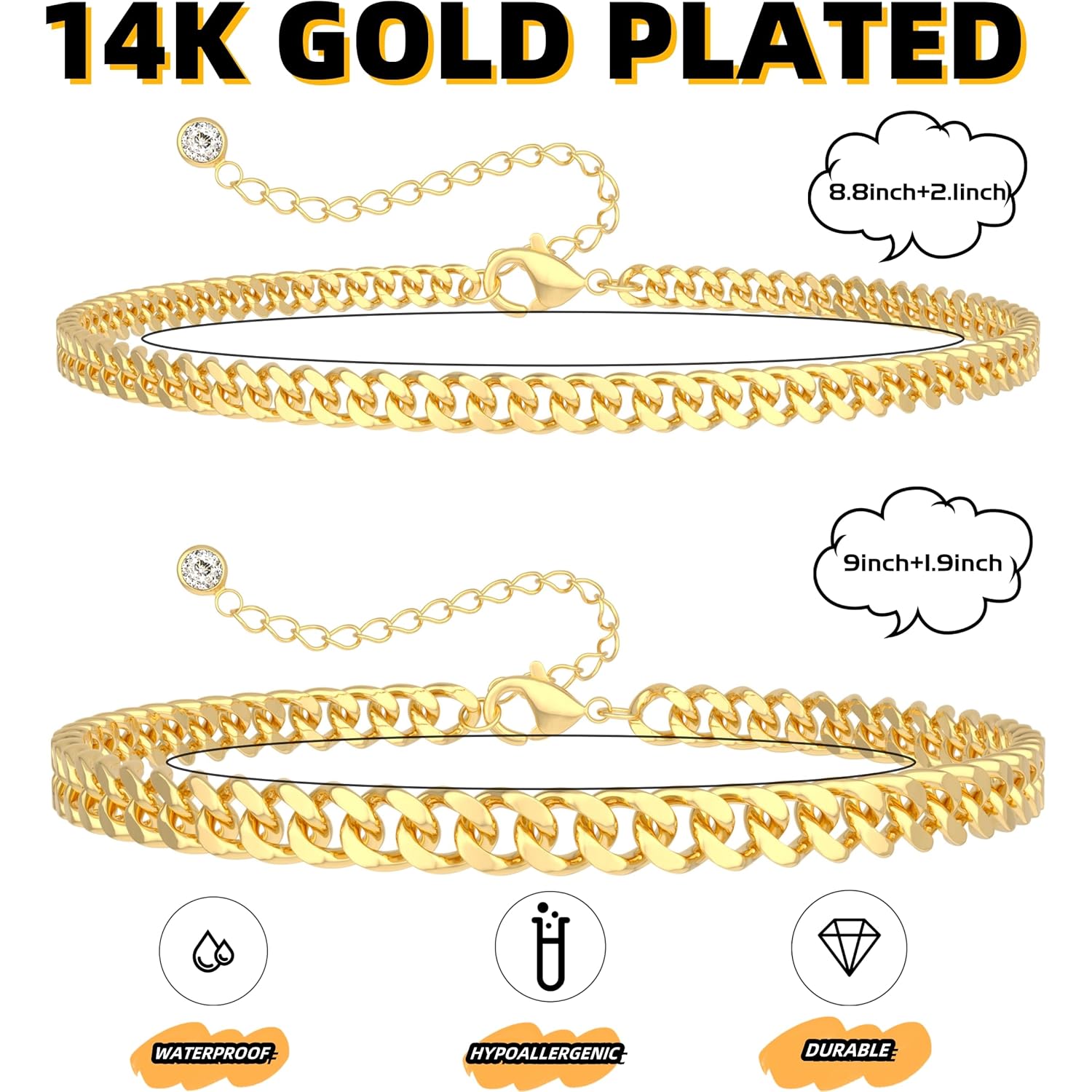 Gold Ankle Bracelets for Women Waterproof - Dainty Gold Anklets Trendy Layered 14K Gold/Silver Plated Stackable Chunky Cuban Link Chian Anklet Bracelet Set for Women Non Tarnish Jewelry Gift