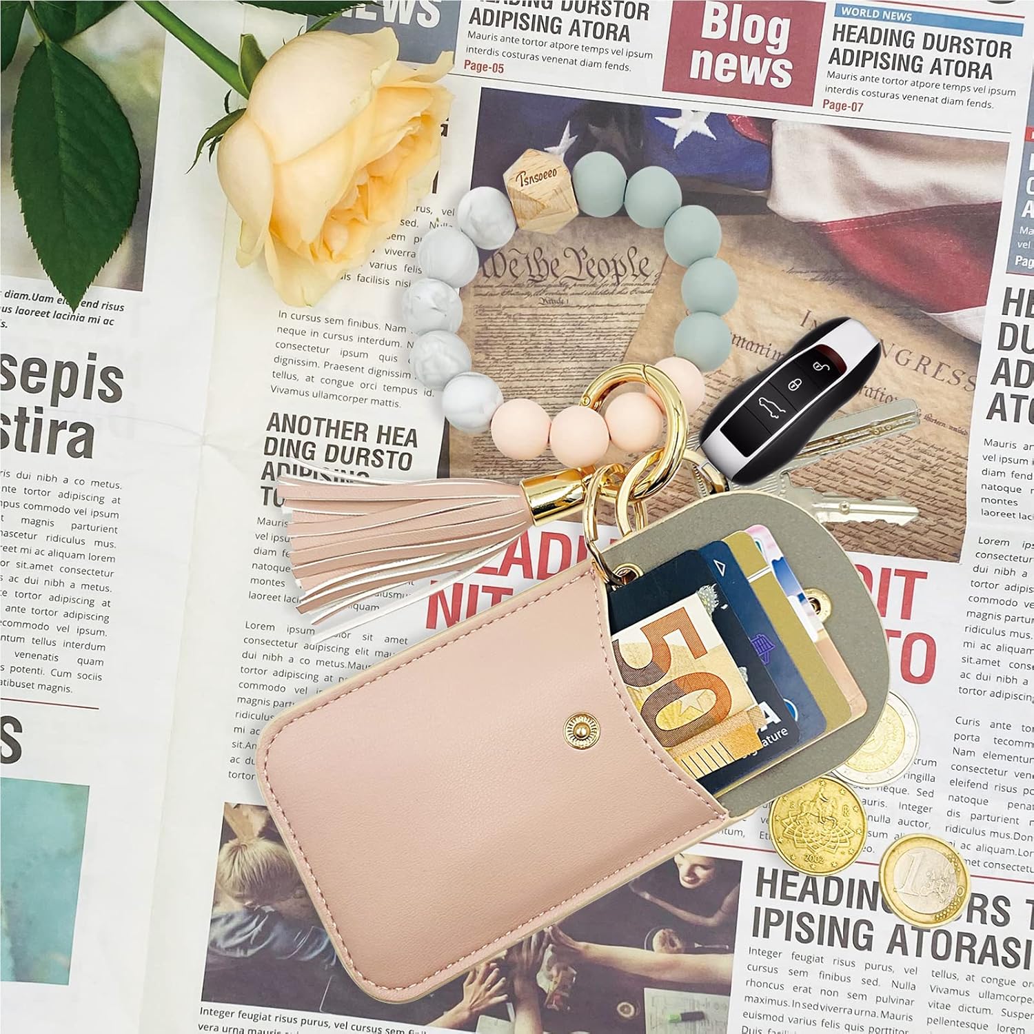 Keychain Wallet Wristlet Small Credit Card Holder Bracelet Key Chain Purse Bangle Tassel Beads Key Rings for Women