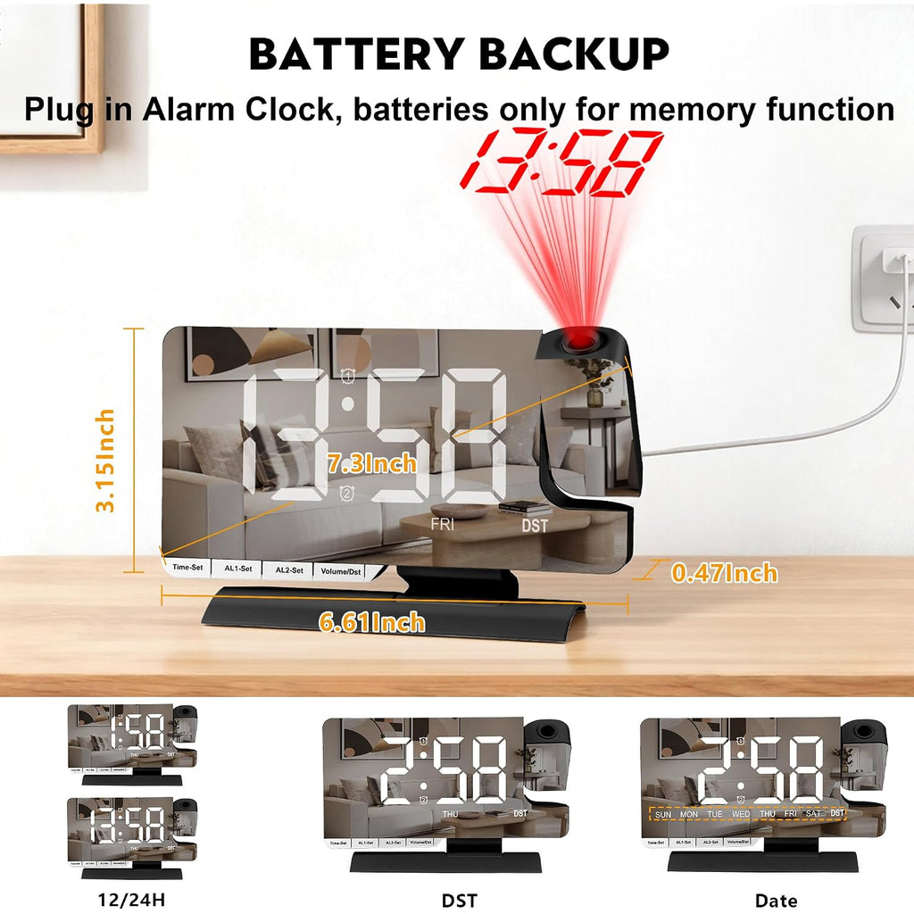 Digital Clock,Alarm Clock Bedside With Projection,7.3" Mirror Clock With 180°Rotating Projector,Dual Alarm With 3 Mode,Brightnee Adjust,Dst,Snooze,Charging Port,5 Levels Volume For Desk Teens