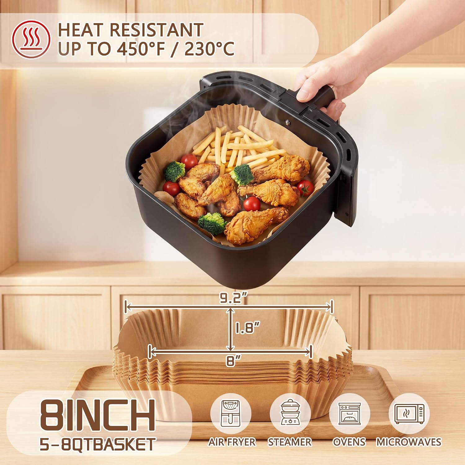 Disposable Air Fryer Liners 8 Inch, 125 Pcs Unbleached Parchment Paper For Air Fryer Basket, Non-Stick, Oil Resistant, Easy Cleanup, Square Liners For 5-8 Qt