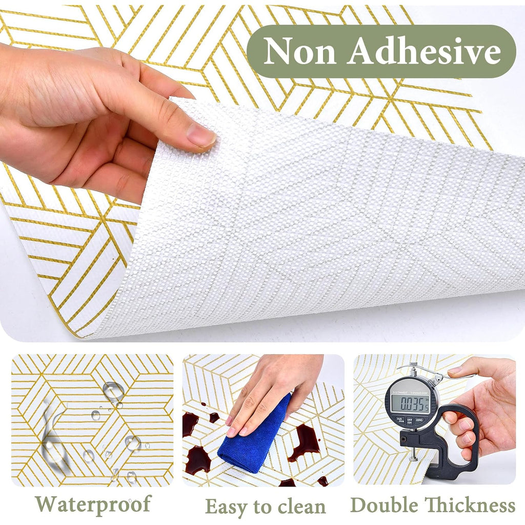 Shelf Liners For Kitchen Cabinets 12In X 20Ft, Non Adhesive Cabinet Liner Strong Non-Slip Thickened Gold Geometric Drawer Liner, Easy To Clean For Shelf, Cabinet With Knife And Tape Measure