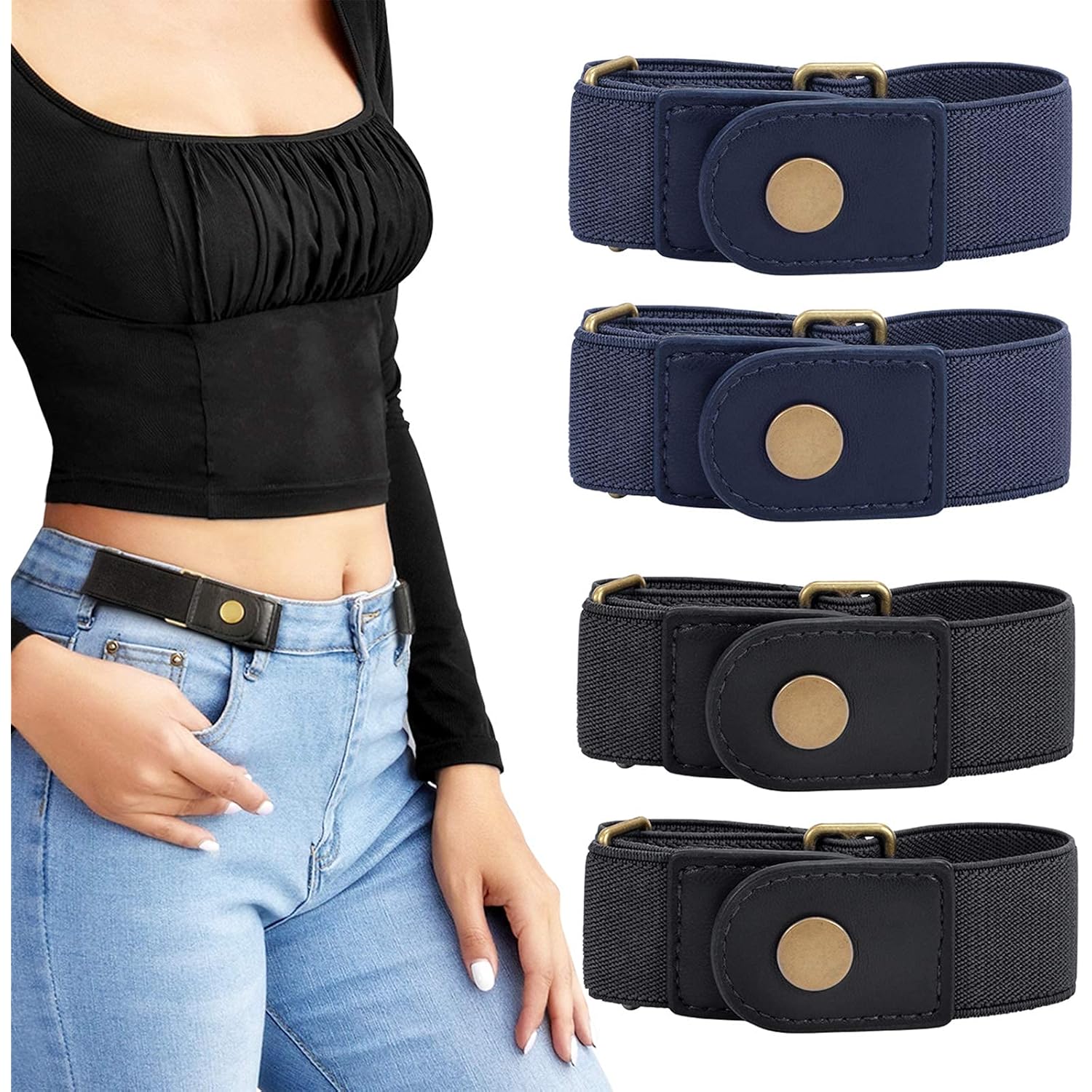 LEACOOLKEY No Buckle Stretch Belt for Women/Men—2 Pack Elastic Invisible Belt for Jeans