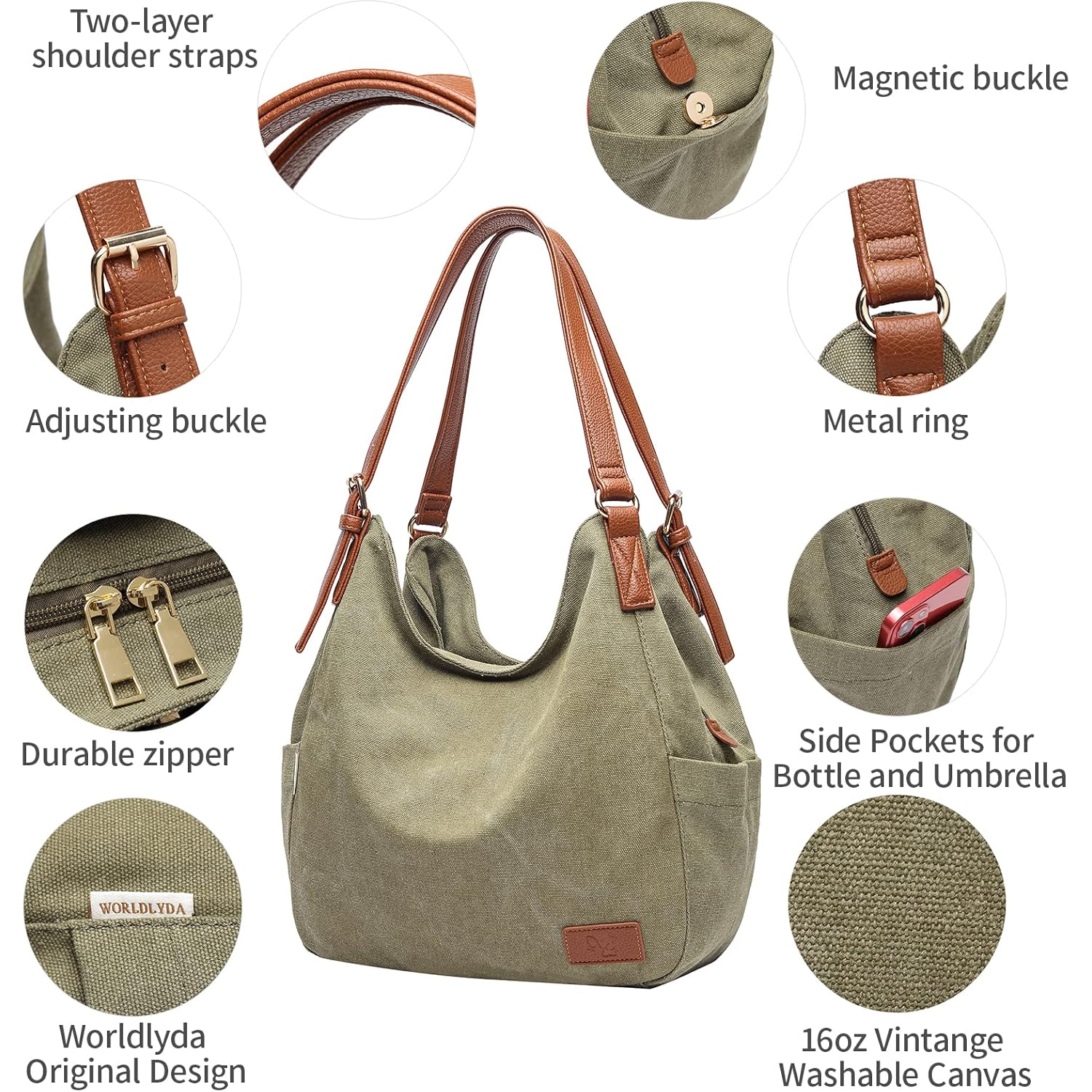 Worldlyda Women Canvas Hobo Purse Multi Pocket Tote Shopper Shoulder Bag Casual Top Handle handbag with Embroidery Ethnic