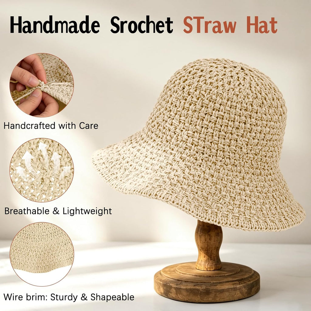 Sun Hat for Women Summer Straw Beach Hats Floppy Crochet Hat UV Protection Travel Bucket Hat Foldable Packable