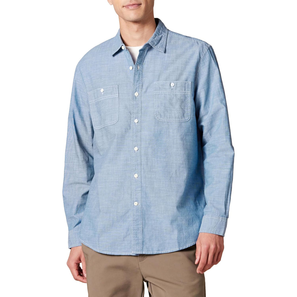 Amazon Essentials Men'S Regular-Fit Long-Sleeve Lightweight Cotton Chambray Shirt With Pockets