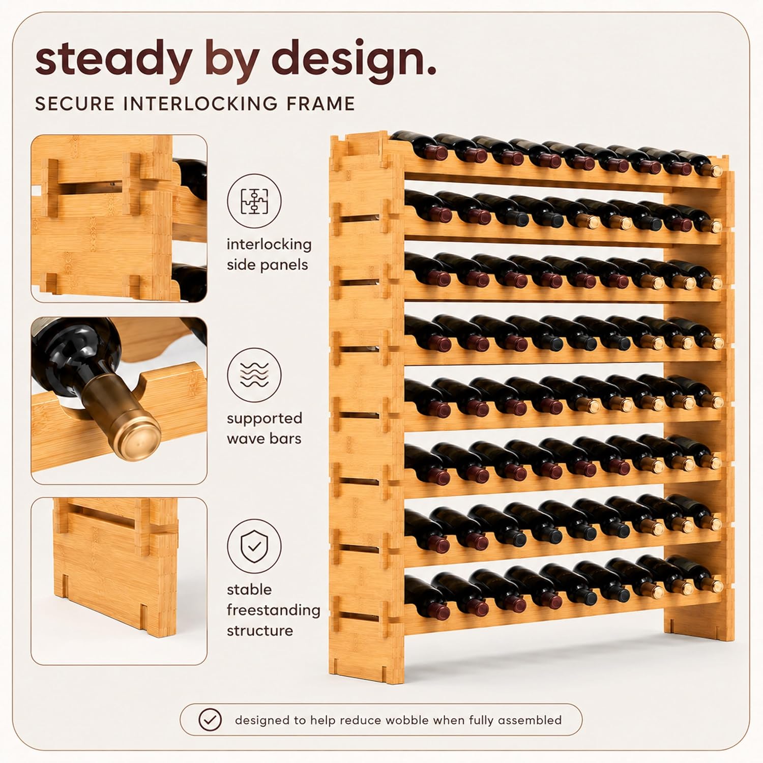 Nutrichef 72 Bottle Wine Rack Stackable Bamboo Freestanding, 8-Tier Modular Shelf, Sturdy Wobble Free, Upgraded 2026 Design, Easy No-Tool Assembly For Kitchen, Cellar Or Bar Storage 33.5" X 10" X 41"