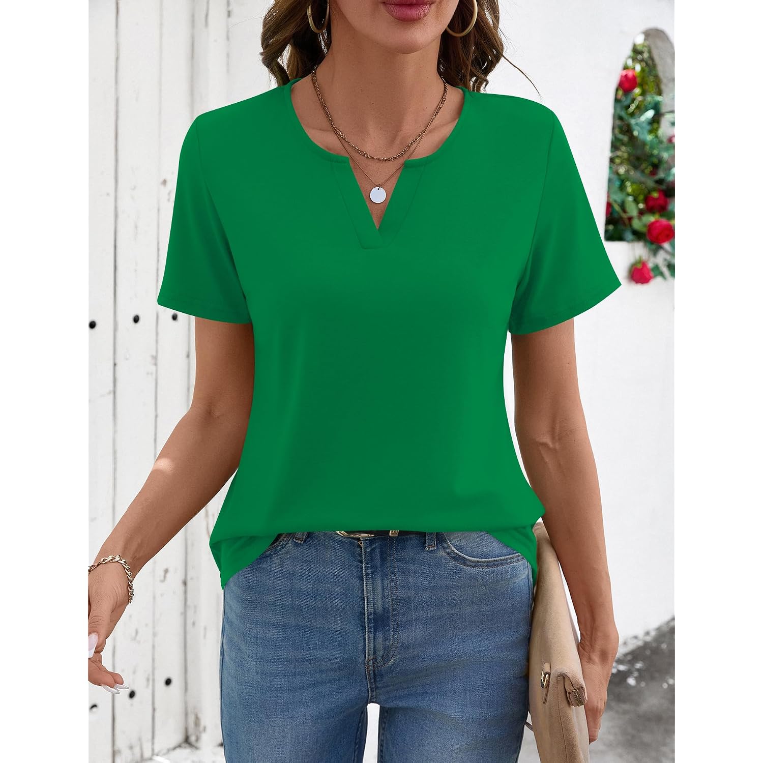 Lomon Womens Short Sleeve V Neck T Shirts Summer Tops Basic Tees Business Casual Blouses Trendy Fashion Clothes
