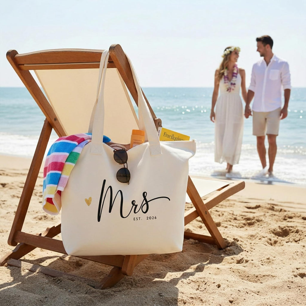 Bridal Shower Gifts, Mrs Tote Bag For Bride 2026 – Large Cotton Canvas Wedding Tote With Top Zipper & Inner Pocket, Mrs Gifts For Bachelorette Party, Getting Ready, Honeymoon Beach Bag