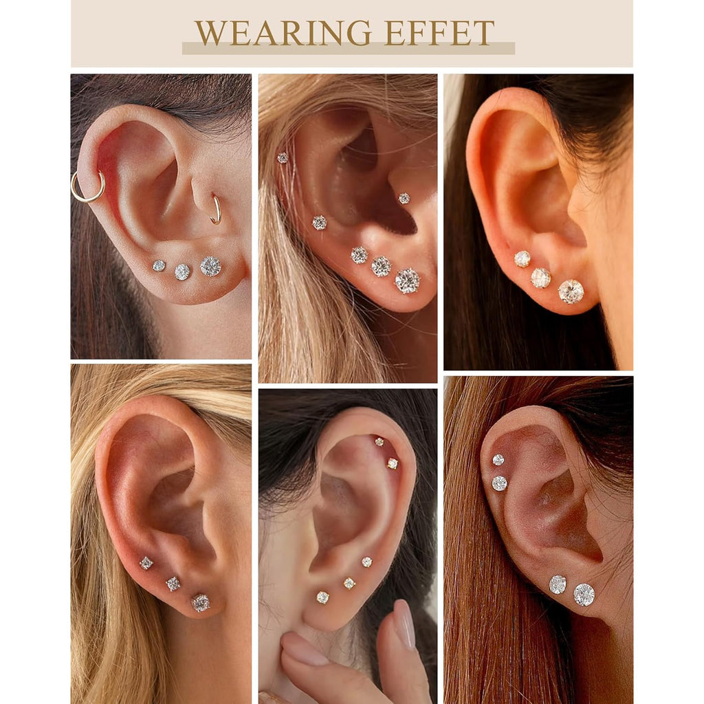 5 Pairs 14K Gold Plated Stud Earrings for Women, Hypoallergenic Earring Sets for Multiple Piercing, Premium Cubic Zirconia Studs Earrings for Women