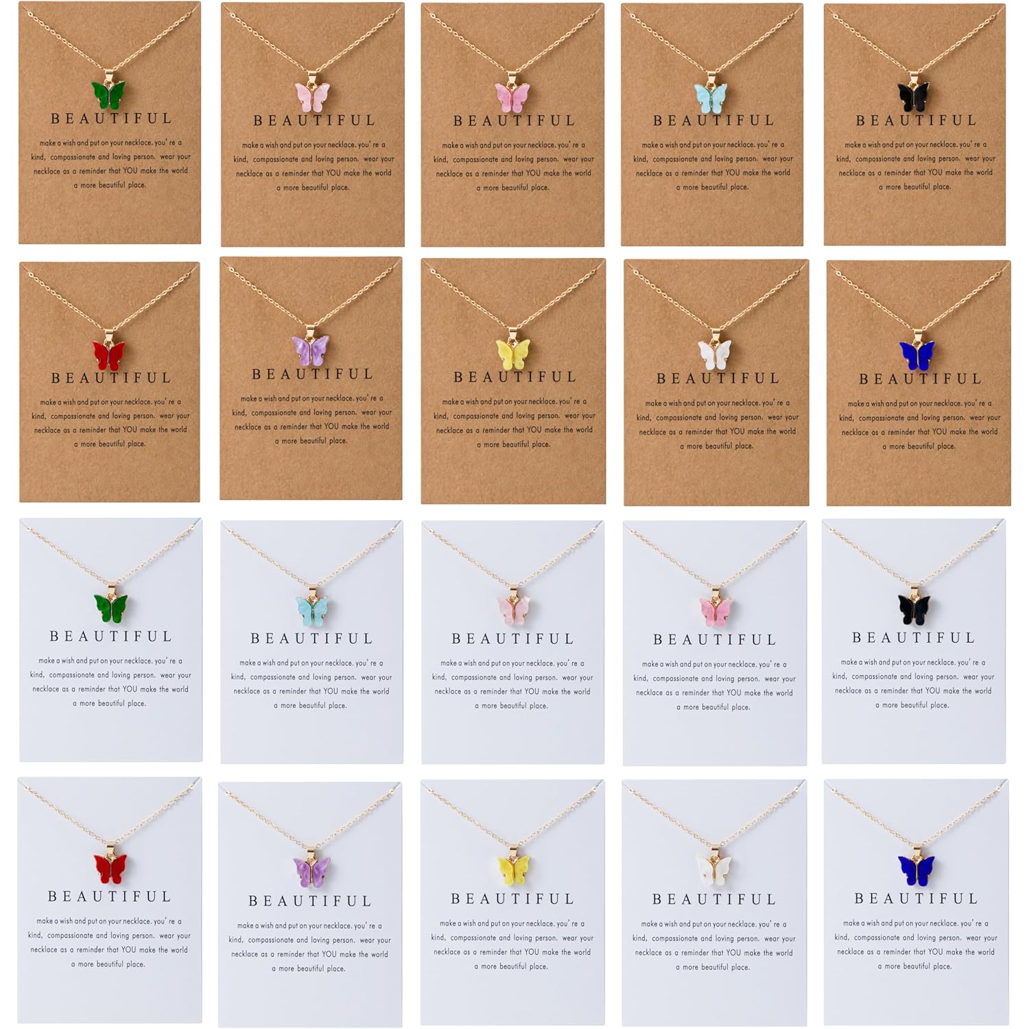 LOTSOF 20Pcs Colorful Butterfly Pendant Necklace Set for Women, Cute Acrylic Butterfly Choker Gold Plated Link Chain, Minimalist Jewelry Gifts for Best Friends Birthday Christmas (With Wish Card)