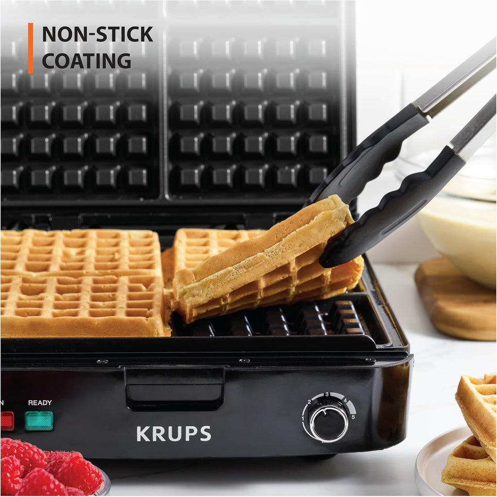 Krups 4-Slice Belgian Waffle Maker: Stainless Steel, 5 Browning Levels, Audible Ready Beep, Removable Plates, 1200W, Silver/Black, Large Waffle Maker Family Size, Great For Family Breakfasts