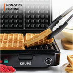 Krups 4-Slice Belgian Waffle Maker: Stainless Steel, 5 Browning Levels, Audible Ready Beep, Removable Plates, 1200W, Silver/Black, Large Waffle Maker Family Size, Great For Family Breakfasts