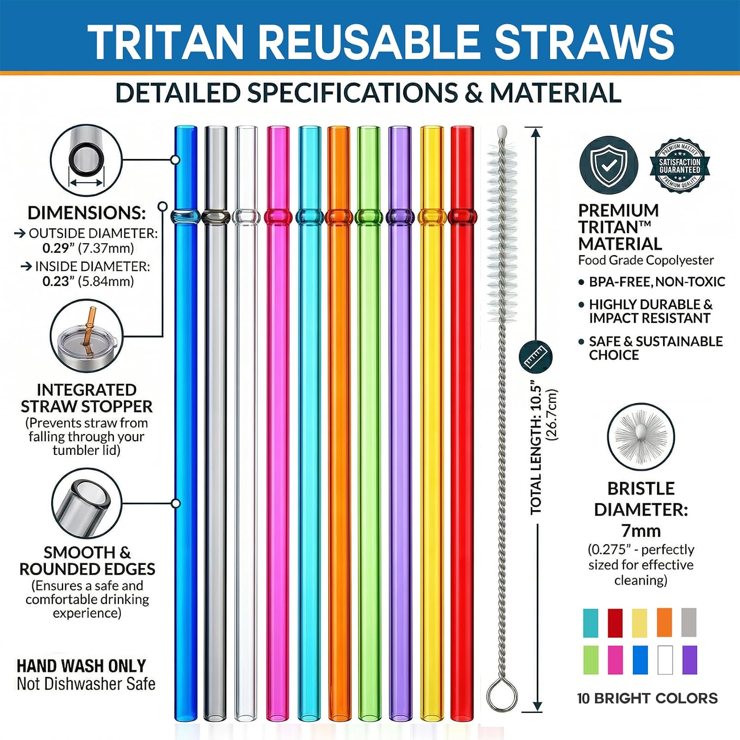 Alink 10.5 In Long Reusable Plastic Straws With Brush, Tritan Hard Plastic Tumbler Straws, 10 Rainbow Colored Replacement Straw For 16 Oz 20 Oz 30 Oz Stanley, Yeti, Starbucks Tumblers, Mason Jars