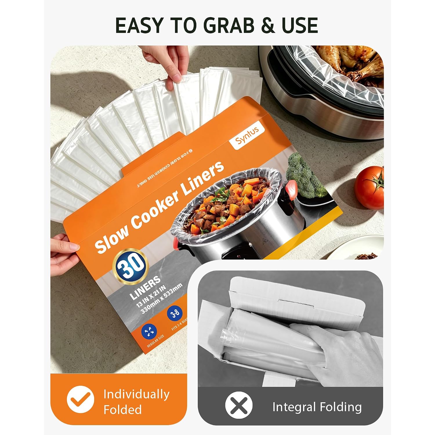 Syntus 30 Count Slow Cooker Liners, Large Size 13" X 21" Fits 3-8 Quart Pots Bpa-Free Disposable Cooking Bags Suitable For Oval & Round & Retangular Slow Cookers