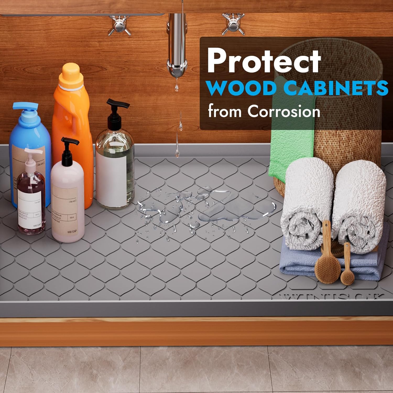 Winisok Silicone Under Sink Mat 34" x 22", Kitchen Essentials and Gadgets, Shelf Liner and Cabinet Protector, Home Organizers and Storage, Waterproof Bathroom Tray