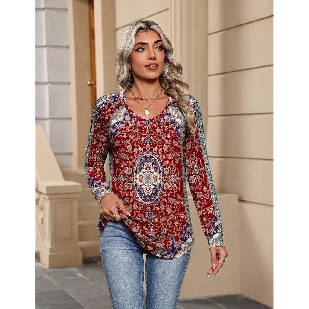 Zeagoo Womens Long Sleeve Tops V Neck Pleated Shirts Dressy Casual Blouses Fall Fashion Tunic Clothes 2026 T-Shirts