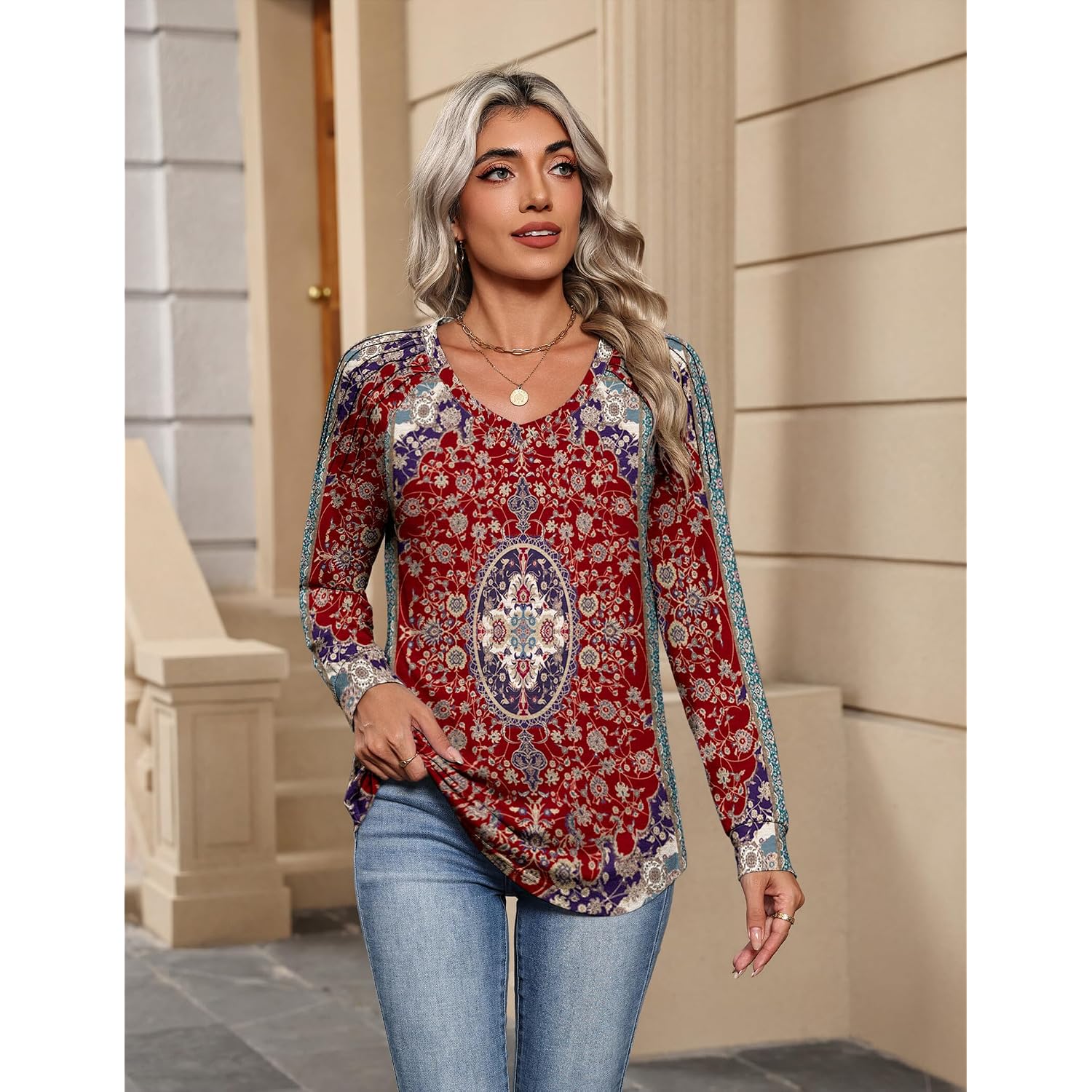 Zeagoo Womens Long Sleeve Tops V Neck Pleated Shirts Dressy Casual Blouses Fall Fashion Tunic Clothes 2026 T-Shirts
