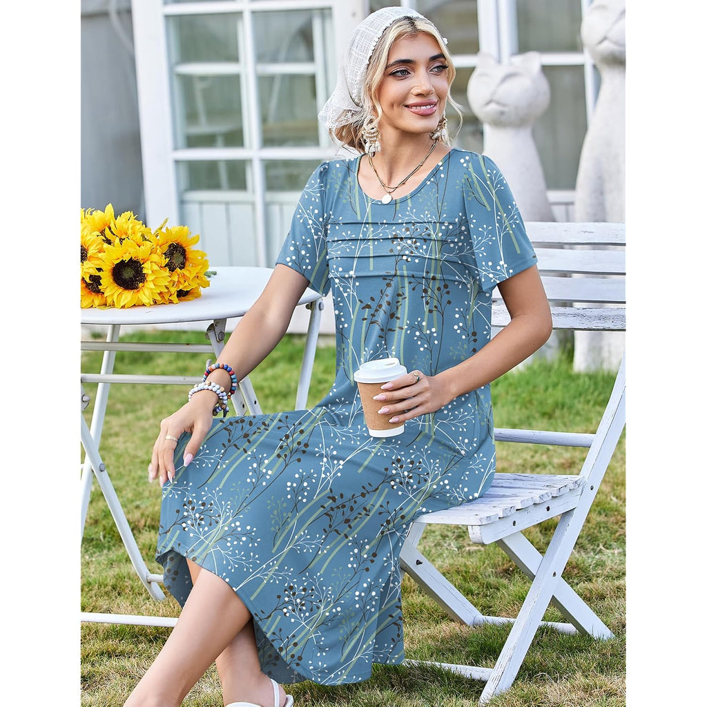 Zeagoo Womens Casual Dresses For Summer Short Sleeve Flare Midi Dress Loose Beach Sundress Pleated Front Dress With Pockets