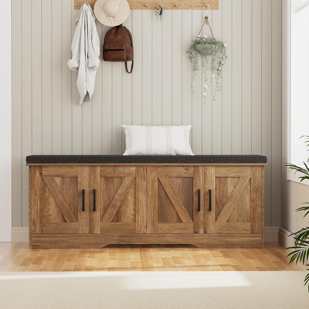 Homsho Farmhouse Shoe Storage Bench With 4 Barn Doors & Padded Seat Cushion | 47.2" Wide Entryway Bench With Adjustable Shelves & Hidden Storage, Rustic Walnut