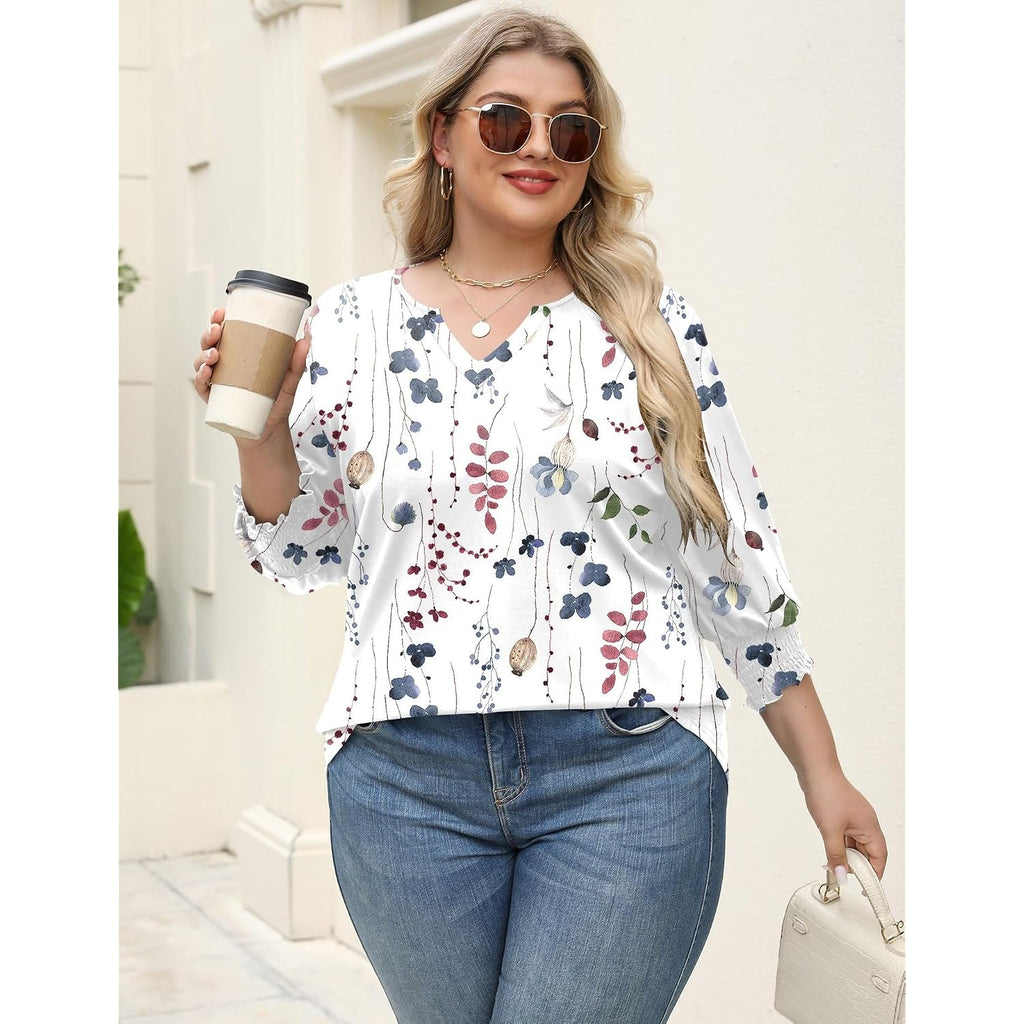 Rapbin Womens Plus Size Tops 3/4 Sleeve Blouses Shirts Casual V Neck Loose Tunic Tops 1X-5X