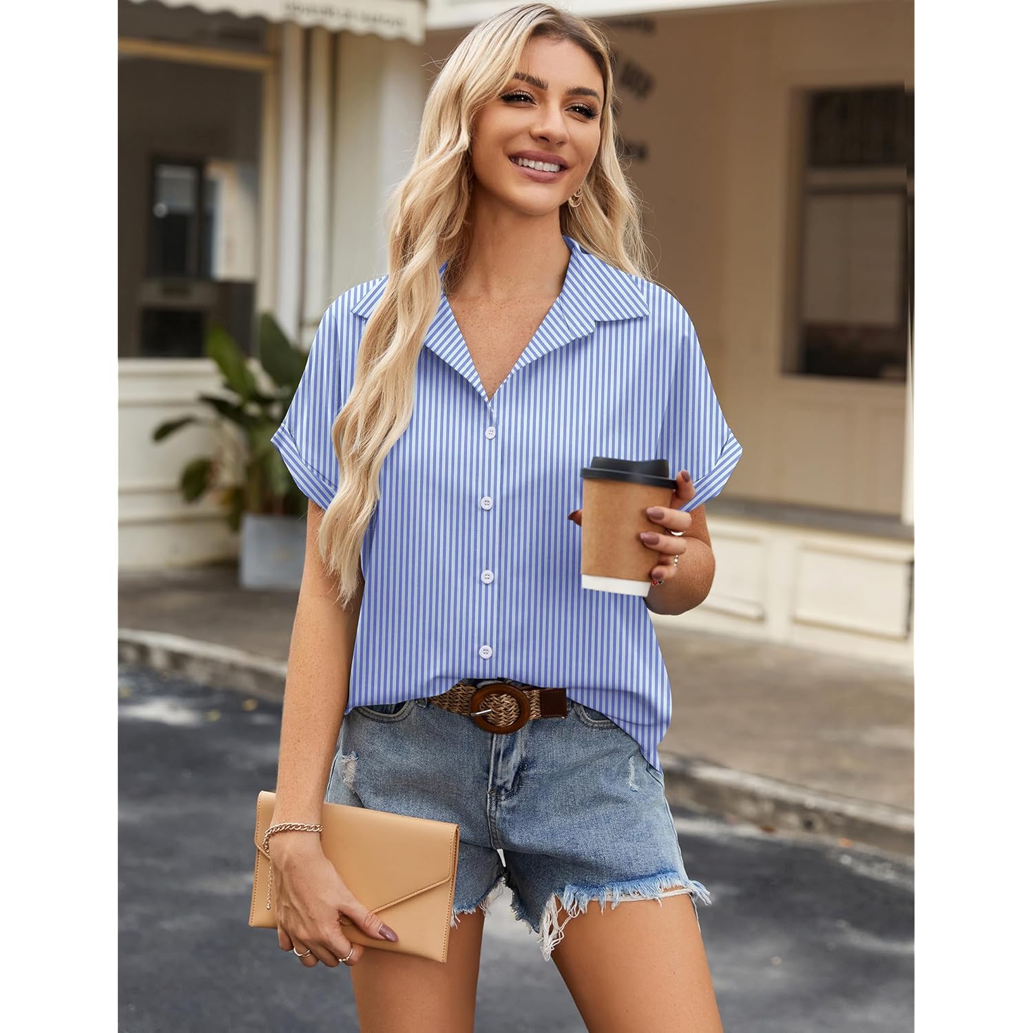 Short Sleeve Summer Tops for Women Casual Button Down Shirts Solid/Striped Business Work Blouses