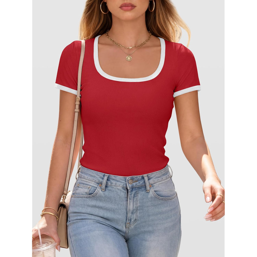 Anrabess Women Short Sleeve Tops Square Neck Ribbed Knit Color Block T Shirts Fitted Casual Summer 2026 Trendy Basic Tees