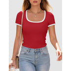 Anrabess Women Short Sleeve Tops Square Neck Ribbed Knit Color Block T Shirts Fitted Casual Summer 2026 Trendy Basic Tees