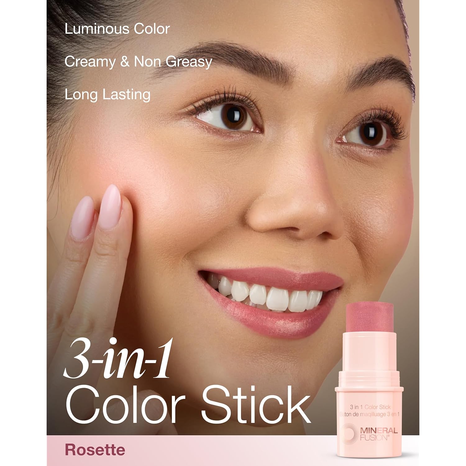 Mineral Fusion 3-in-1 Color Stick - Hydrating Cream Blush Tint for Cheek, Lip and Eye - Natural Multi Use Makeup (Rosette)